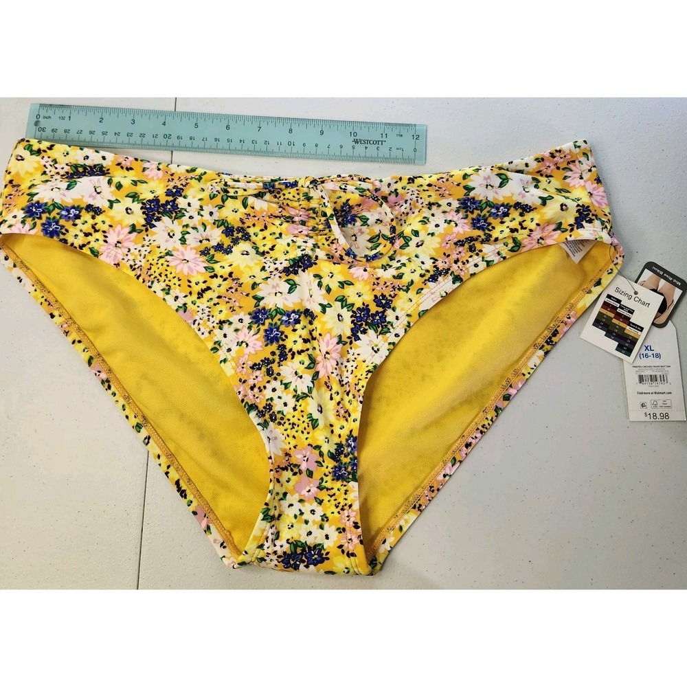 Time and Tru Women's Floral Bikini Bottom XL 16-18 Yellow Mid Rise Cinched Front